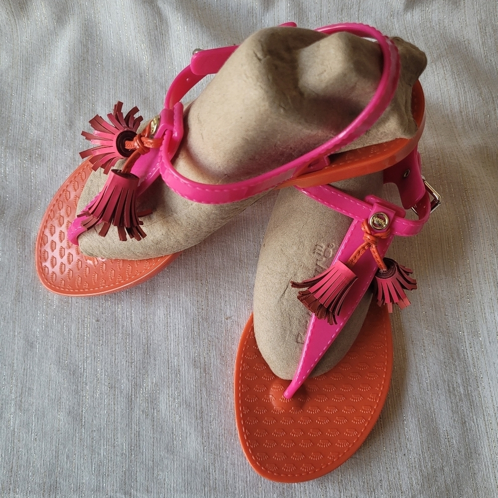 Juicy Coulture Jelly Women’s Pink and Orange Tassel T-Strap Sandals Size 8